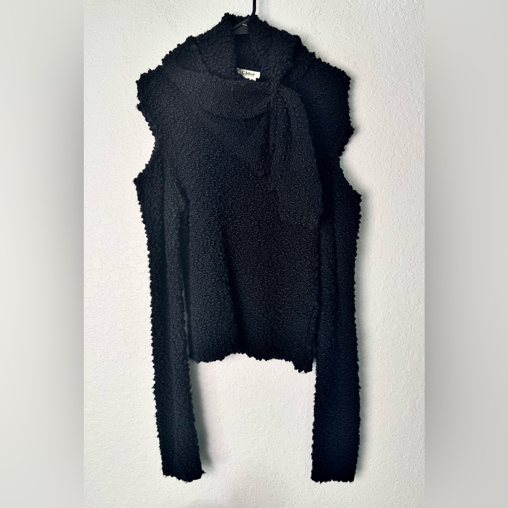 Chloe Knit Wool Silk Boucle Open Shoulder Scarf Sweater black medium